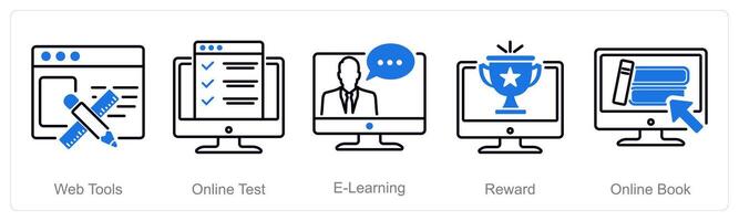 A set of 5 Online Education icons as web tools, online test, e-learning vector