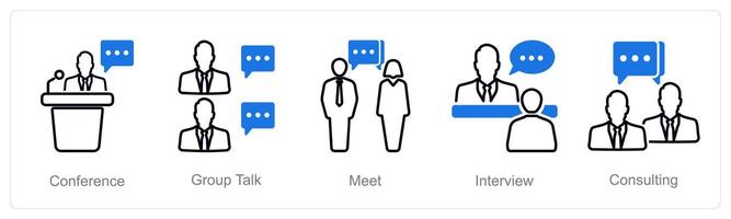A set of 5 Meeting icons as conference, group talk, meet vector