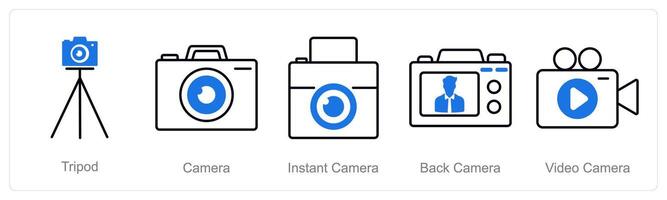 A set of 5 Photography icons as tripod, camera, instant camera vector