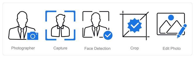 A set of 5 Photography icons as photographer, capture, face detection vector