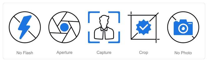 A set of 5 Photography icons as no flash, aperture, capture vector