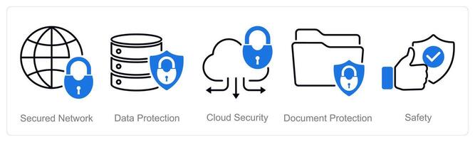 A set of 5 security icons as secured network, data protection, cloud security vector