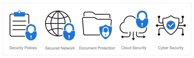 A set of 5 security icons as security policies, secured network, document protection vector
