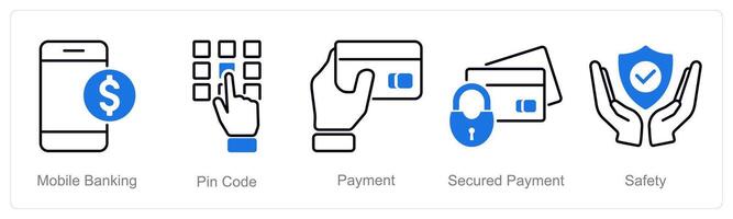 A set of 5 security icons as mobile banking, pin code, payment vector