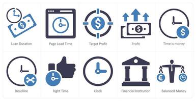 A set of 10 web marketing icons as loan duration, page load time, target profit vector