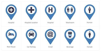 A set of 10 Location Pointer icons as hospital, hospital location, washroom vector