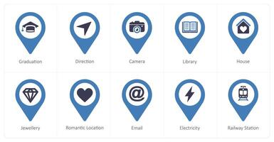 A set of 10 Location Pointer icons as graduation, direction, camera vector