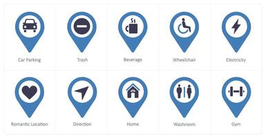 A set of 10 Location Pointer icons as car parking, trash, beverage vector