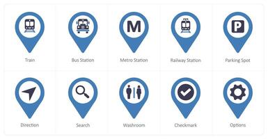 A set of 10 Location Pointer icons as train, bus station, metro station vector