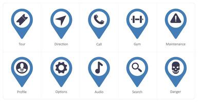 A set of 10 Location Pointer icons as tour, direction, call vector