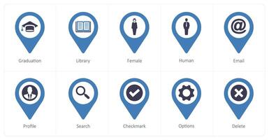 A set of 10 Location Pointer icons as graduation, library, female vector