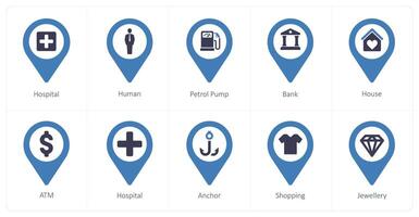 A set of 10 Location Pointer icons as hospital, human, petrol pump vector
