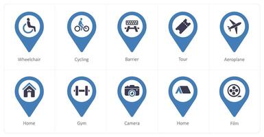 A set of 10 Location Pointer icons as wheelchair, cycling, barrier vector