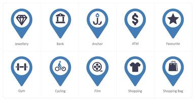 A set of 10 Location Pointer icons as jewellery, bank, anchor vector