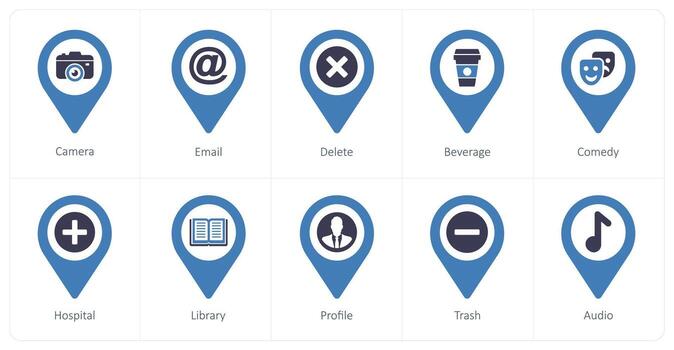 A set of 10 Location Pointer icons as camera, email, delete vector