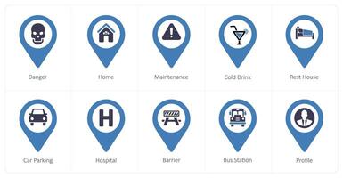A set of 10 Location Pointer icons as danger, home, maintenance vector