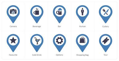 A set of 10 Location Pointer icons as camera, beverage, bar vector