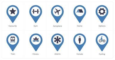 A set of 10 Location Pointer icons as favorite, gym, aeroplane vector