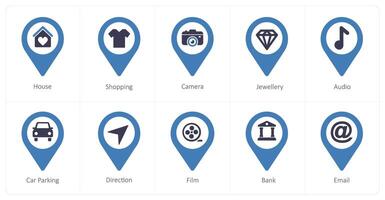A set of 10 Location Pointer icons as house, shopping, camera vector