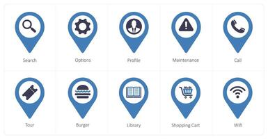 A set of 10 Location Pointer icons as search, options, profile vector