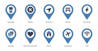 A set of 10 Location Pointer icons as beverage, delete, direction vector