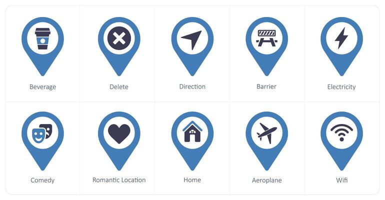 A set of 10 Location Pointer icons as beverage, delete, direction