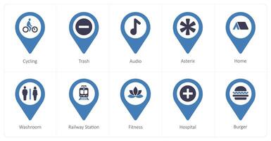A set of 10 Location Pointer icons as cycling, trash, audio vector
