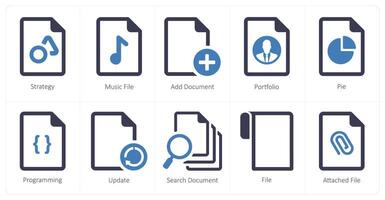 A set of 10 File icons as strategy, music file, add document vector