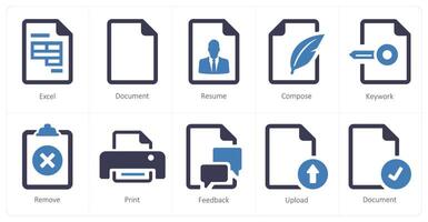 A set of 10 File icons as excel, document, resume vector