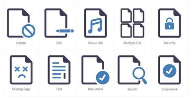A set of 10 File icons as delete, edit, music file vector
