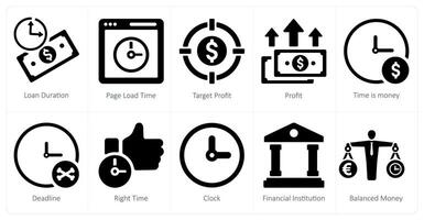 A set of 10 web marketing icons as loan duration, page load time, target profit vector