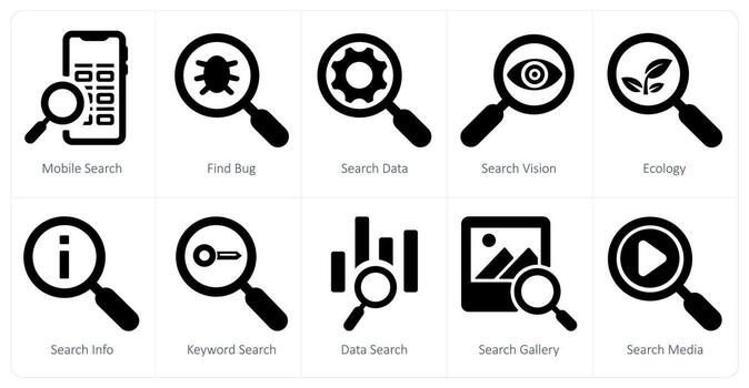 A set of 10 web marketing icons as mobile search, find bug, search data vector