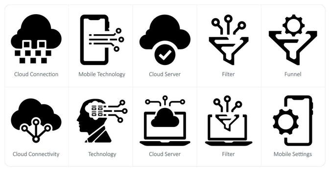 A set of 10 web marketing icons as cloud connection, mobile technology, cloud server vector