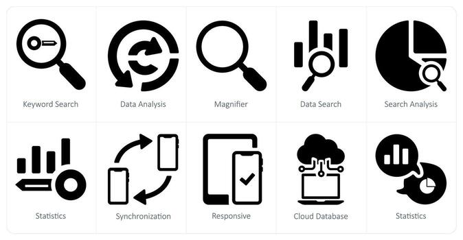 un conjunto de 10 web márketing íconos como palabra clave buscar, datos análisis, lupa vector