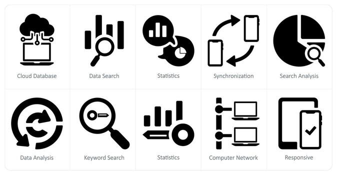 A set of 10 web marketing icons as cloud database, data search, statistics vector
