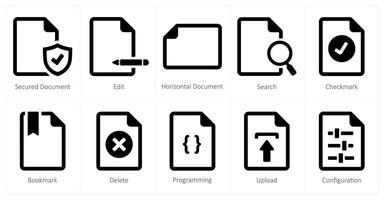 A set of 10 File icons as secured document, edit, horizontal document vector