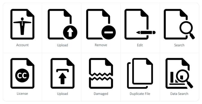 A set of 10 File icons as account, upload, remove vector