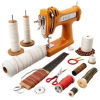 Isolated vintage sewing machine and fabrics set displayed on a white Generative-AI png