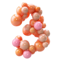 3d Rendering of a number 3 with Pink and Orange Spheres Generative-AI png