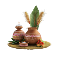 Indian Clay pots and Flowers on a table on transparent Background Generative-AI png