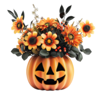 There is a pumpkin with a face surrounded by sunflowers on transparent Background Generative-AI png