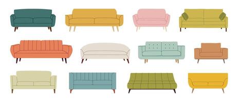Set of trendy scandinavian sofas couches and armchairs. Modern, comfortable soft furniture collection for cozy home design. Colorful flat illustration isolated on white background. vector
