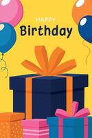 Bright Happy Birthday card with gifts and balloons. vector