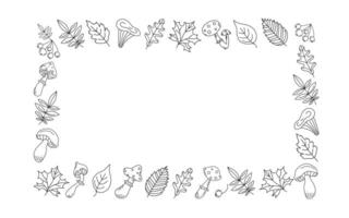 Autumn set of leaves, mushrooms and berries. Drawing, doodle. Border, frame. Place for text. Fly agaric, rowan branch, maple leaf, doodles, drawings, sketch. White background isolated. vector