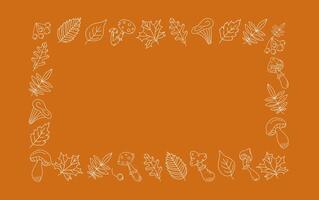 Autumn Border, frame. Set, leaves, mushrooms, berries. Drawing, doodle. Border, frame. Place for text. Fly agaric, rowan branch, maple leaf, doodles, drawings, sketch. White background isolated. vector