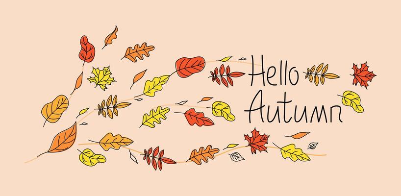 Banner, background with autumn leaves. Hand lettering Hello autumn. Autumn wind. The leaves are flying. Drawings, doodles. Color illustration.