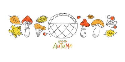 Welcome Autumn, set of linear icons, doodles. Isolated elements, basket. Graphics, drawings, mushrooms, berries, autumn leaves in black outline. Isolated white background. vector