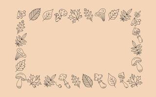 Autumn set, leaves, mushrooms, berries. Drawing, doodle. Border, frame. Place for text. Fly agaric, rowan branch, maple leaf, doodles, drawings, sketch. White background isolated. vector