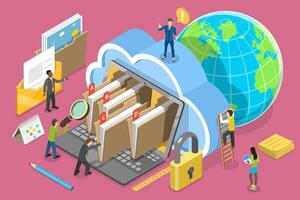 3D Isometric Flat Conceptual Illustration of Document Management System. vector