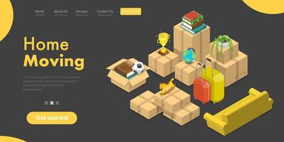 3D Isometric Landing Page Template of House Moving and Relocation Service. vector